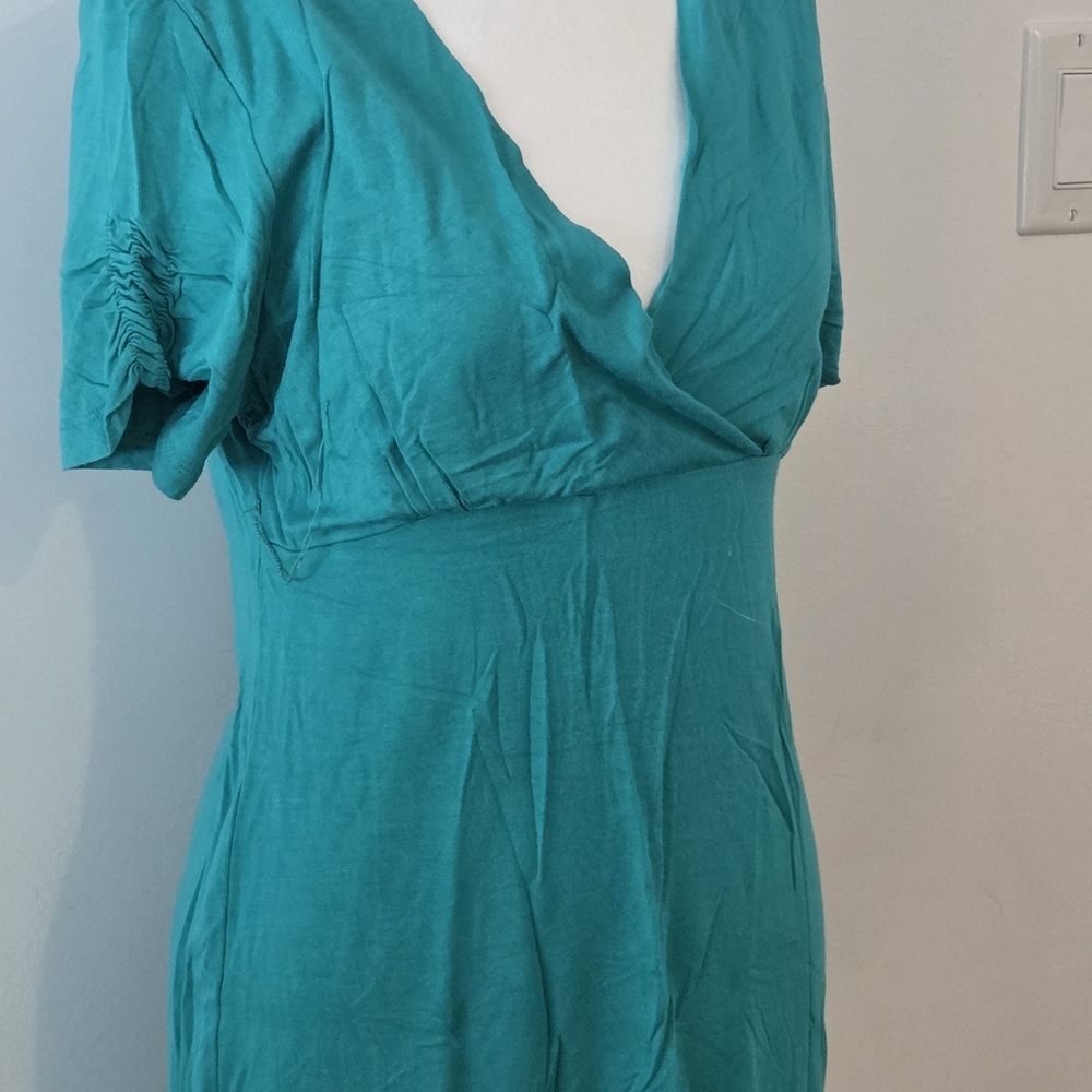Teal V-Neck Long Sleeve Wrap-Style Women's Dress - Picture 2 of 4